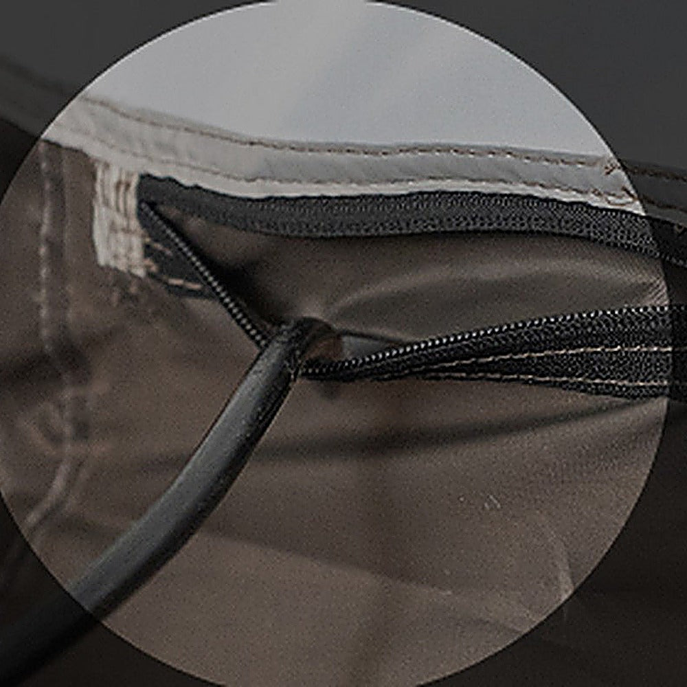 Close-up of the zippered power cable inlet on the Shelter GM vestibule inner tent with a cable routed through