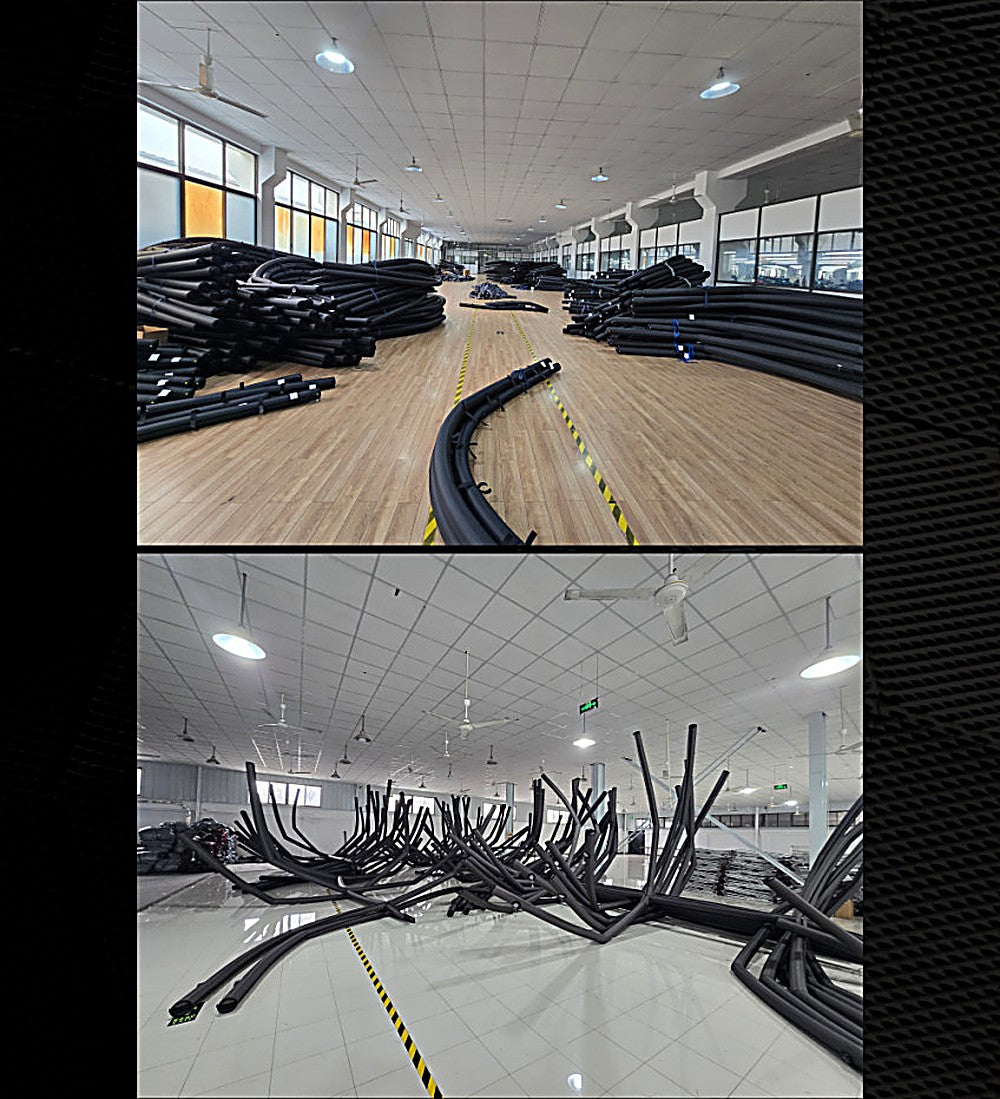 Factory floor with rows of TPU air frames laid out during quality-control inspection before shipping