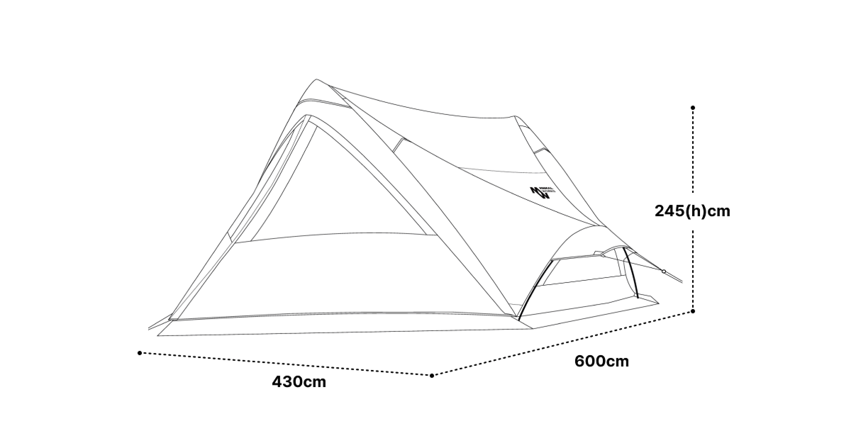 Dimension diagram of the Super Position MGX-600: 600 cm long, 430 cm wide, 245 cm peak height