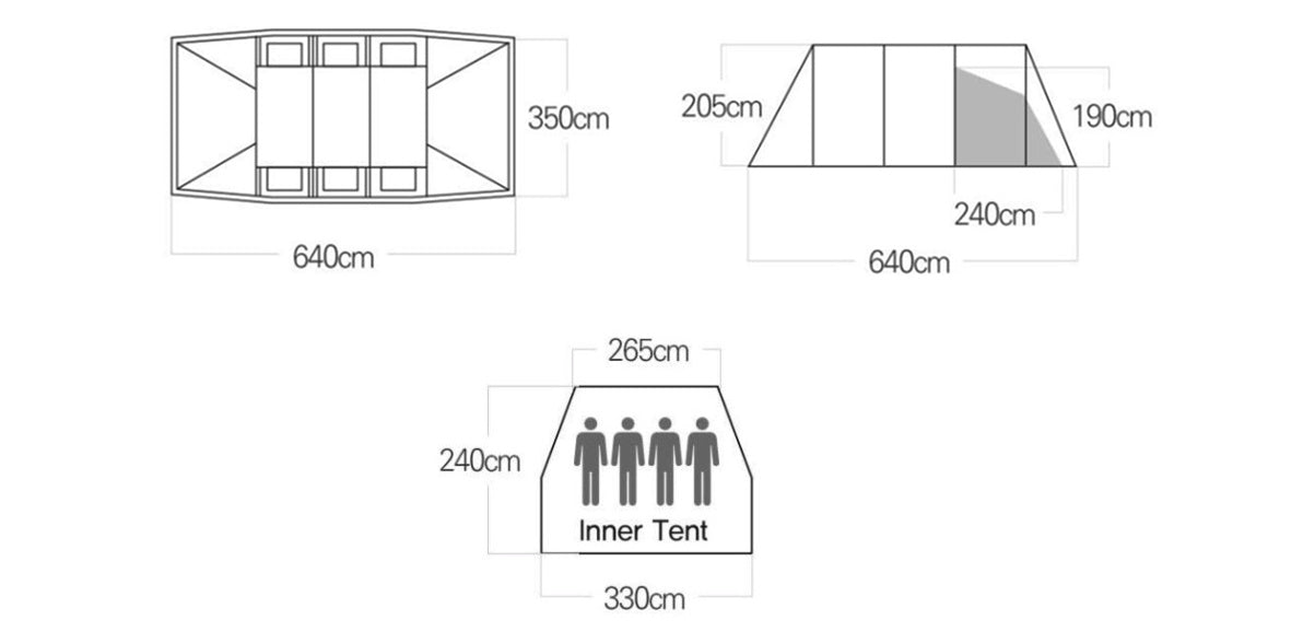 Monster Tent dimension diagram: 640 x 350 cm body, 205 cm peak height, 190 cm rear height, and a 330 x 240 cm inner tent