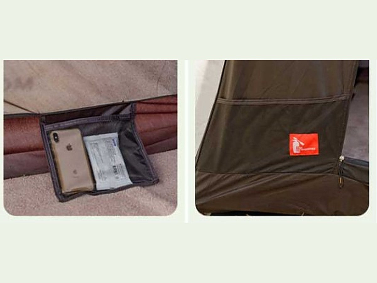 Inner tent storage pocket holding a phone and a dedicated fire-extinguisher pocket