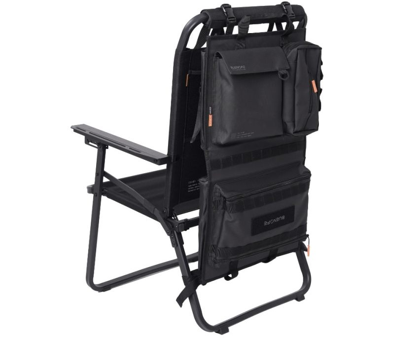 BUENOFE Multi Storage Bag Slim mounted on the back of a black BUENOFE folding camp chair in a three-quarter studio view, showing the flap pocket, tissue pouch and lower zip pocket held in place by the top and bottom straps.