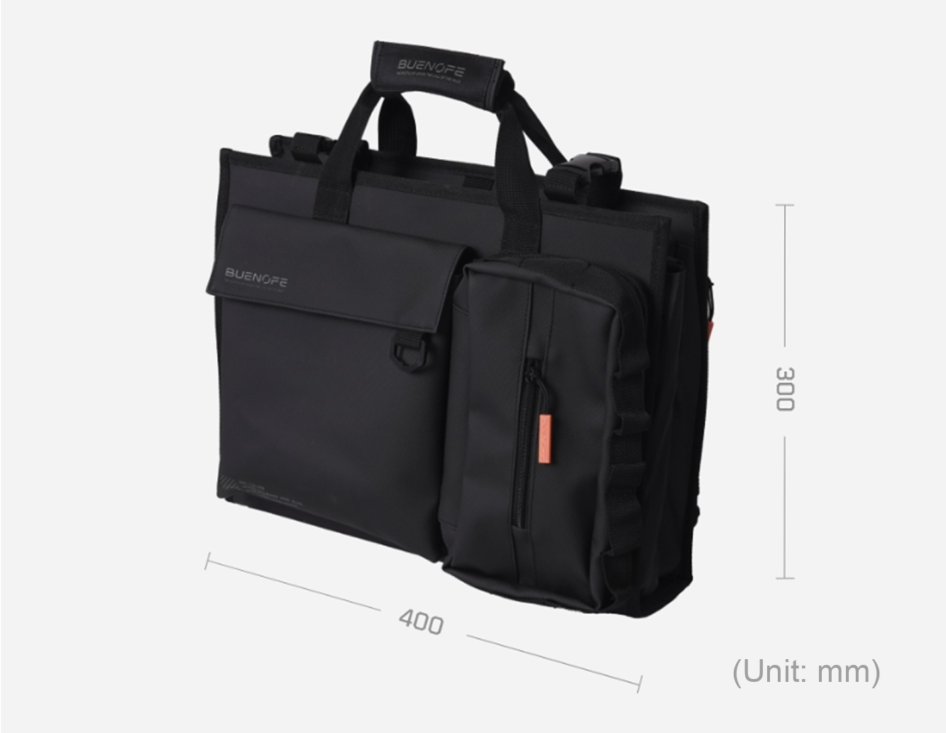 BUENOFE Multi Storage Bag Slim dimension diagram showing the folded bag at 400 mm wide and 300 mm tall with front flap and side pocket, measurements labeled in millimeters.