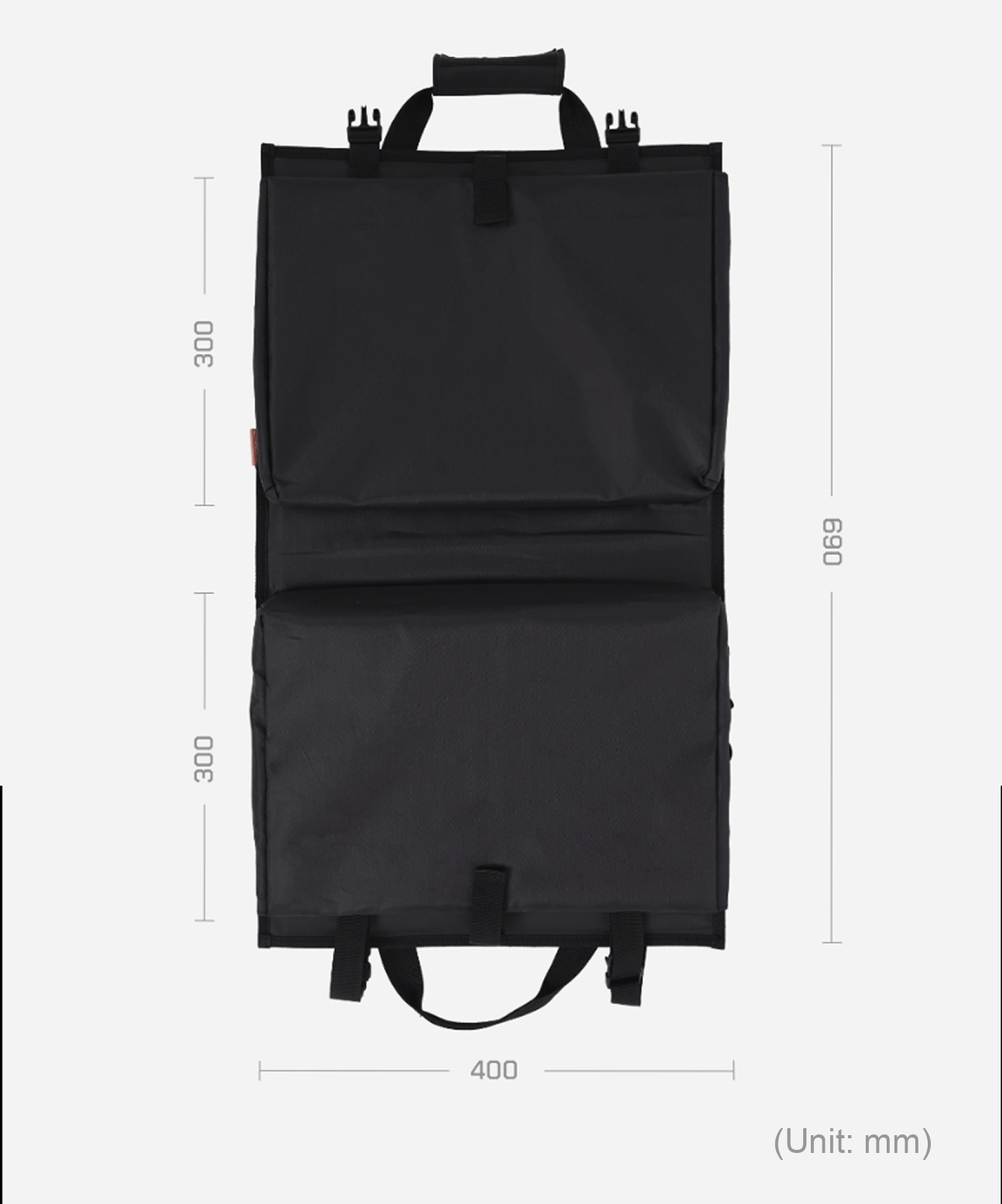BUENOFE Multi Storage Bag Slim dimension diagram showing the fully unfolded bag at 400 mm wide and 690 mm tall, split into two 300 mm panels, measurements labeled in millimeters.