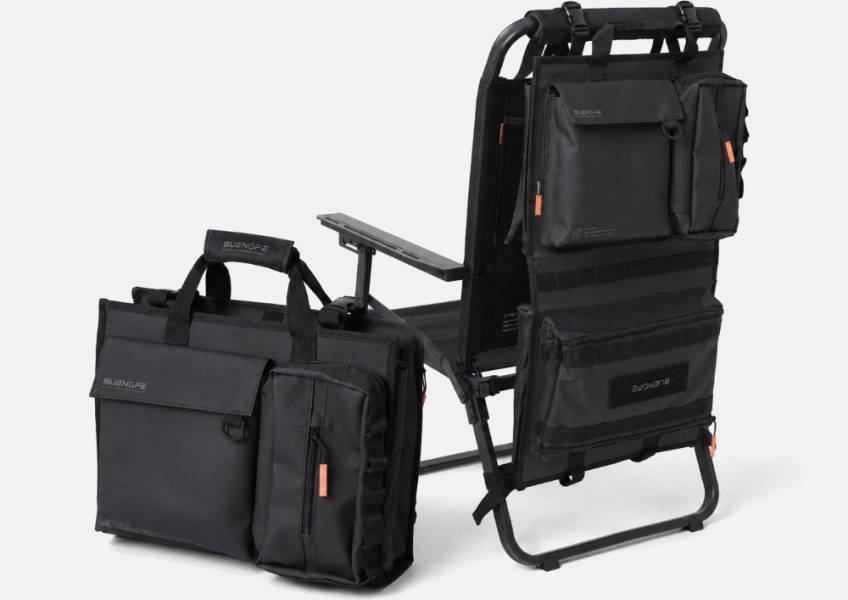 BUENOFE Multi Storage Bag Slim displayed as a two-in-one system on a grey background, with one bag folded flat and standing beside a folding camp chair while a second unit hangs mounted on the chair back as an organizer.