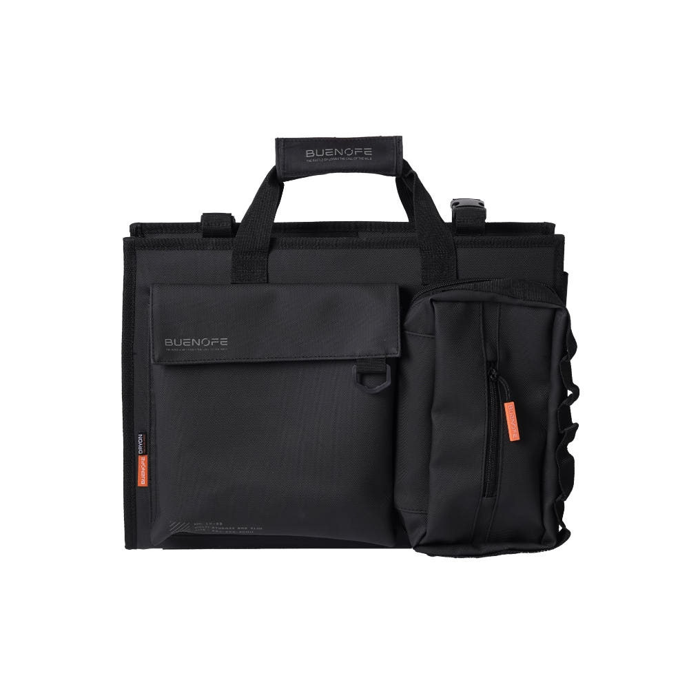 BUENOFE Multi Storage Bag Slim shown from the front on a white studio background, packed flat and closed with the front flap gear pocket on the left and the detachable tissue pouch on the right, highlighting the slim carry profile and padded top carry handles.