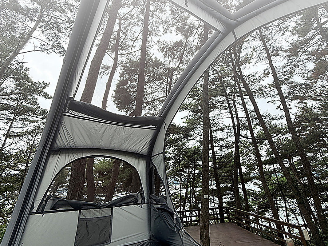 Looking up through the mesh ceiling of the Neo Nest 80 Air at pine trees and sky.