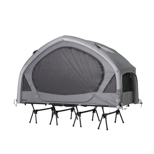 Neo Nest 80 Air on a camp cot without the roof cover, three-quarter studio view on white (cot sold separately).