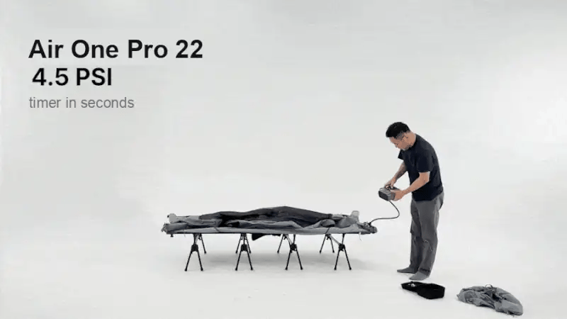 Neo Nest 80 Air inflating with the Air One Pro 22 electric pump at 4.5 PSI, on-screen timer in seconds (pump and cot sold separately)