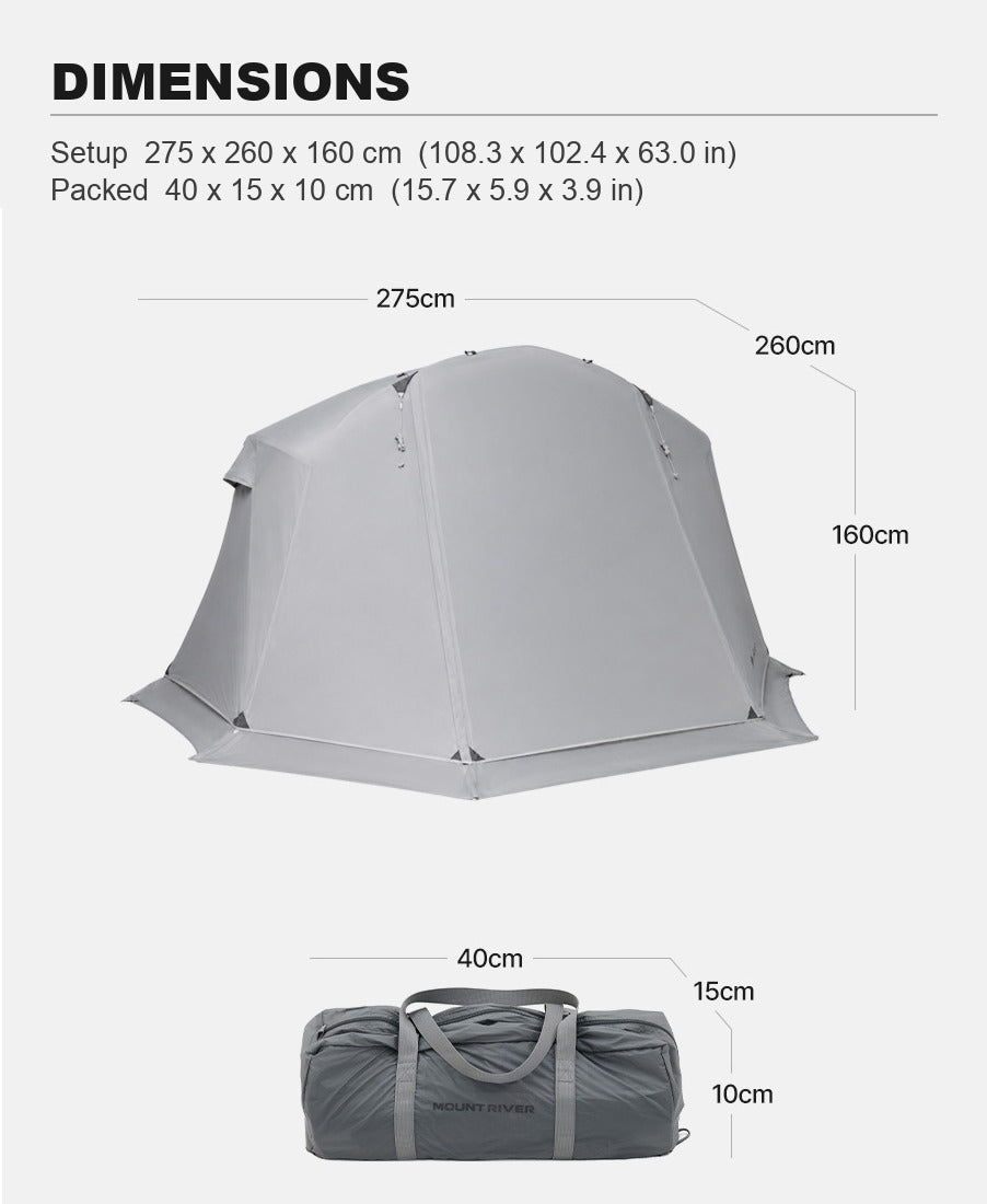 Dimension drawing: rainfly 275 x 260 x 160 cm and packed bag 40 x 15 x 10 cm, metric and imperial.