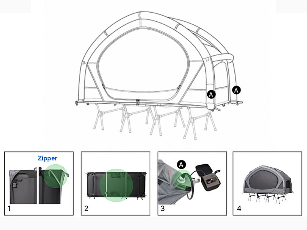 Pitching steps: zip the tent to the cot, fit the straps, connect a pump and inflate (both sold separately).