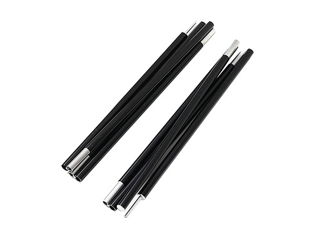The two folded aluminum door poles and their silver ferrules laid out on a white background.