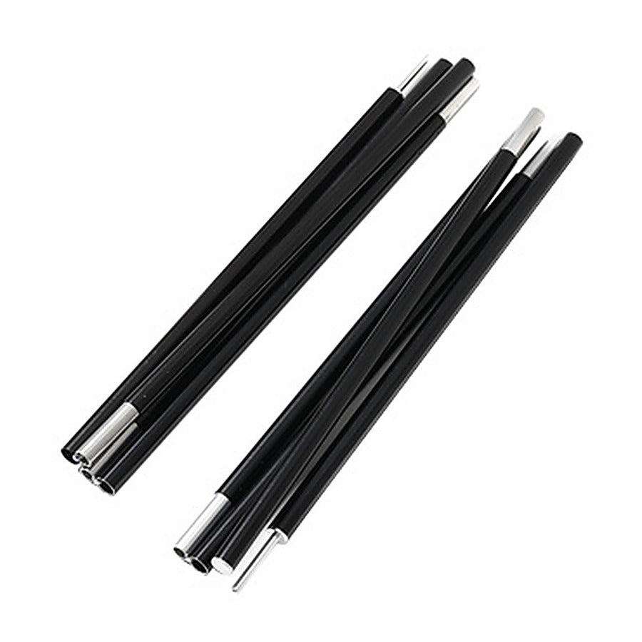 Two folded black aluminum door poles with silver ferrules on a white background.