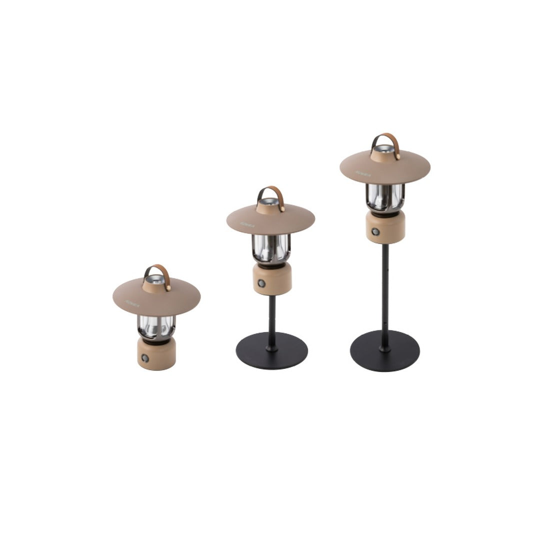 Three Rico Lanterns shown at tabletop height, short stand, and tall stand
