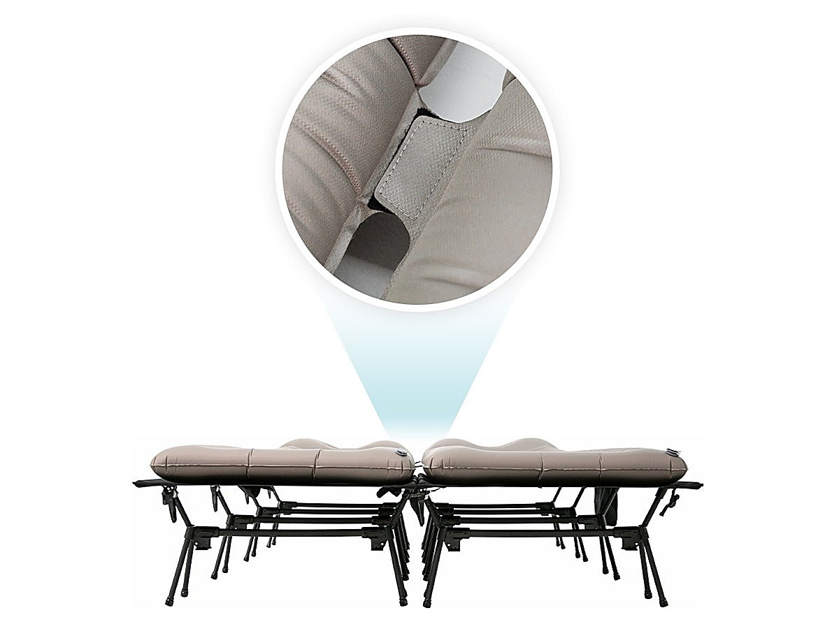 Two pads joined side by side on two camp cots (sold separately), with a close-up of the velcro strip.