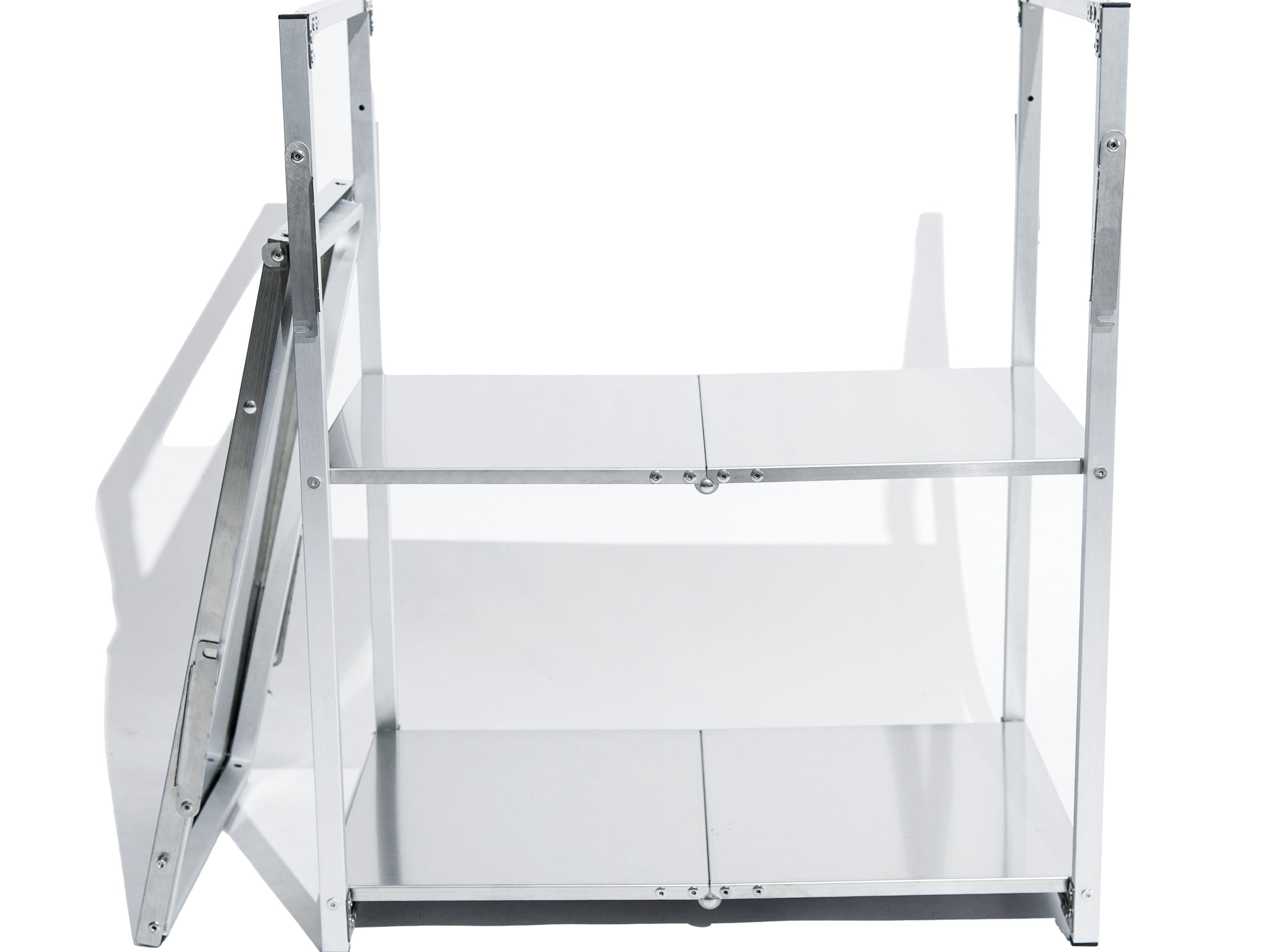 Side view of the camp shelf showing two full stainless shelf tiers, each split at the centre with a hinge line running across the panel.
