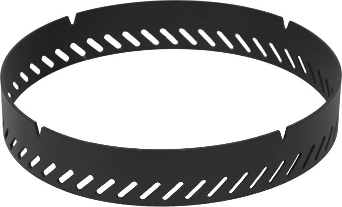 BUENOFE Stove Windscreen shown alone from the side on a white background as a slim curved stainless band, clearly revealing the repeating pattern of diagonal slot vents running along its wall.