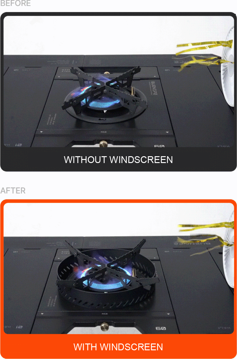 BUENOFE Stove Windscreen before-and-after fan test on the BX-09 Table Burner, where the exposed flame is blown sideways without the windscreen and stays centered and steady after the windscreen is attached.