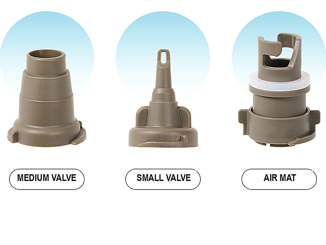 The three supplied nozzles, labelled medium valve, small valve and air mat.