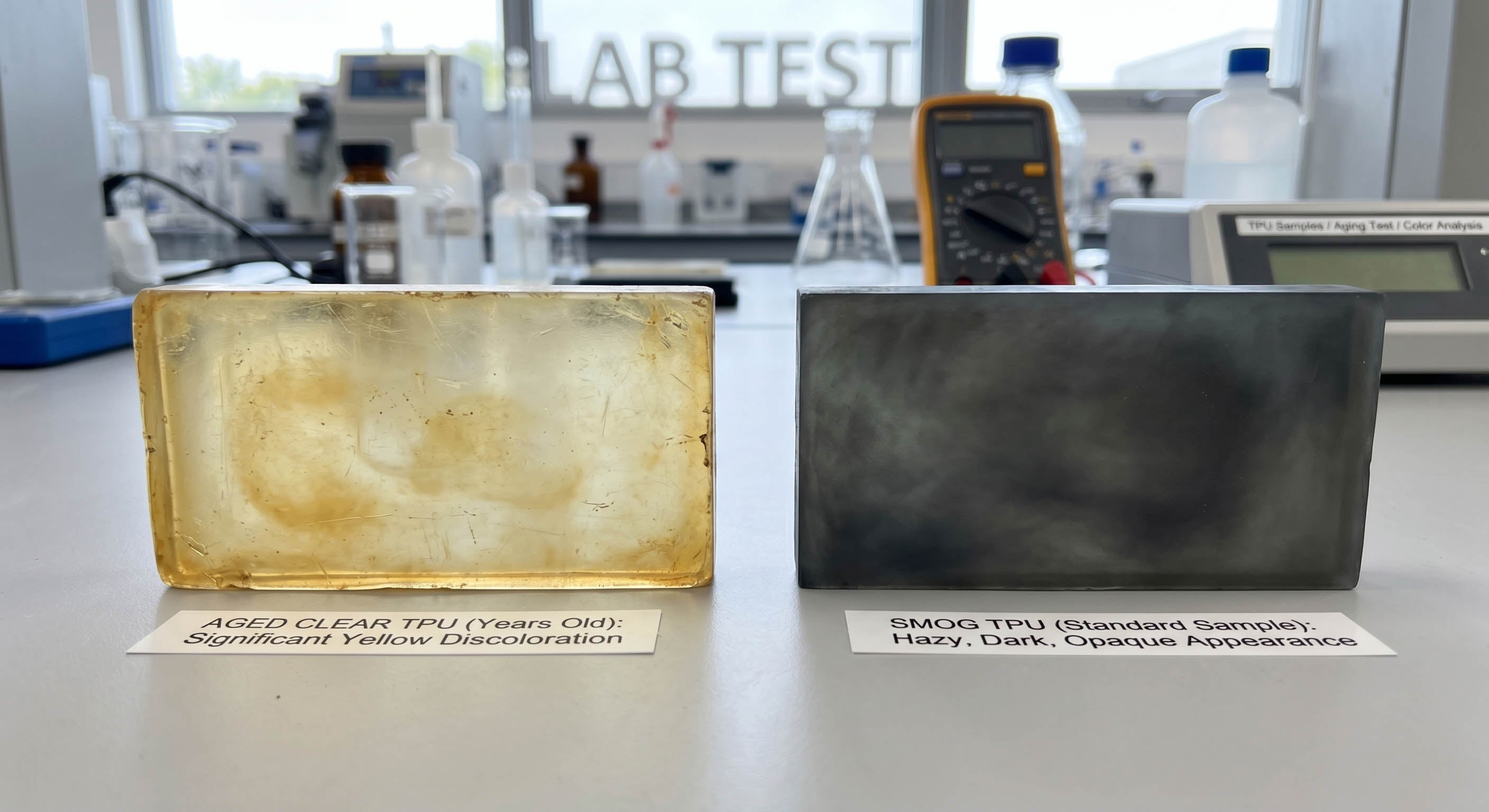 Aged clear TPU sample showing yellow discoloration next to smog TPU sample