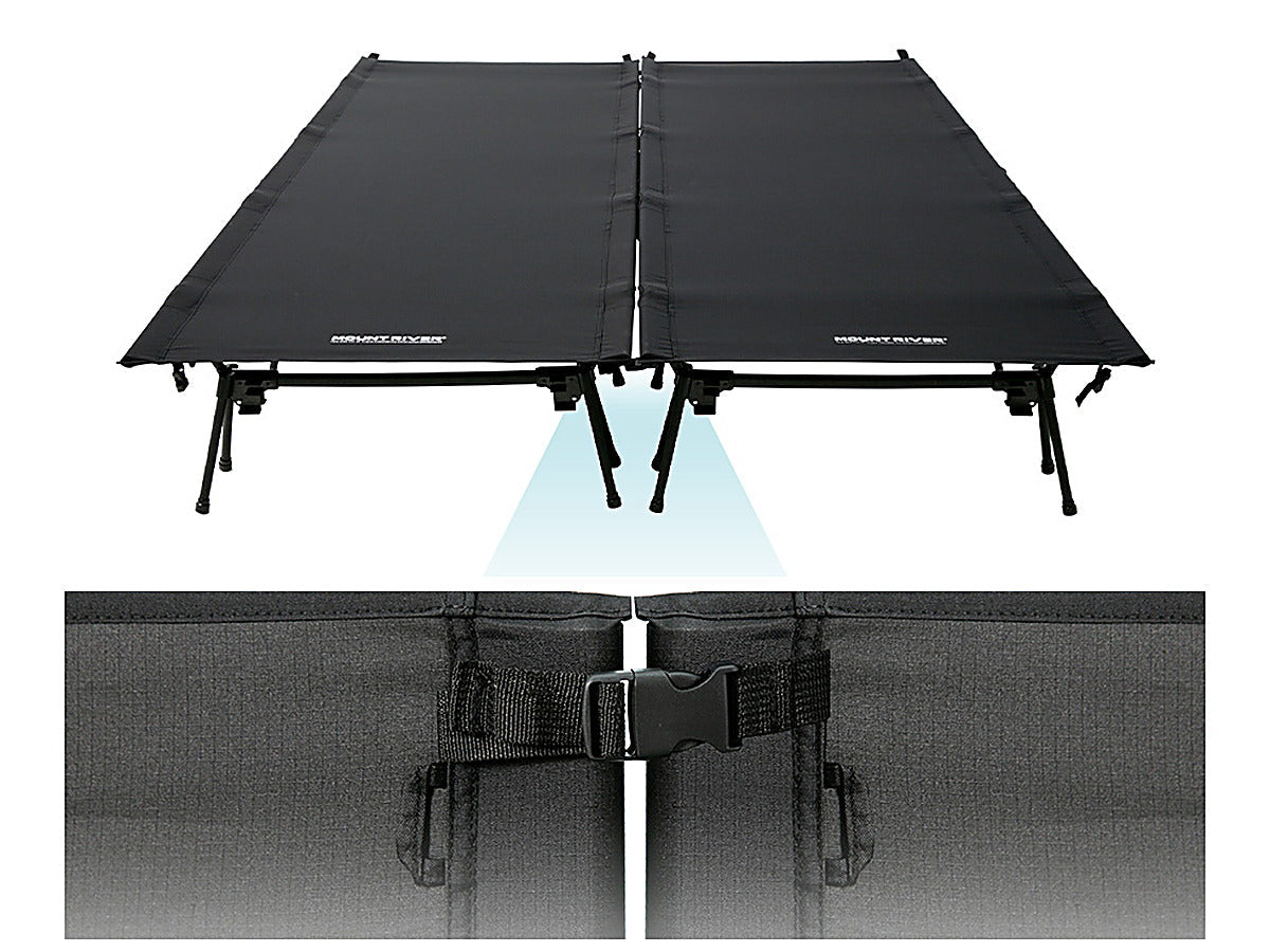 Two Wide Cot 80 cots joined side by side, with a close-up of the strap and buckle. Second cot sold separately.