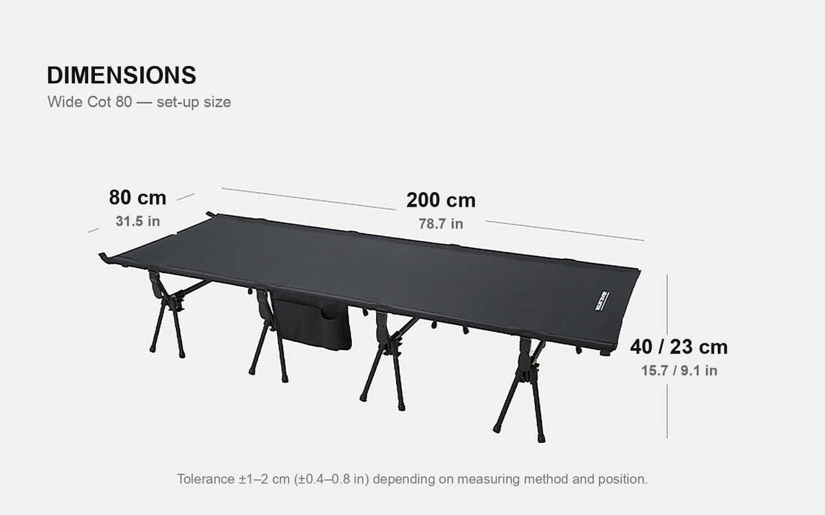 Wide Cot 80 dimension diagram: 200 x 80 cm sleeping surface, low 23 cm and high 40 cm leg heights