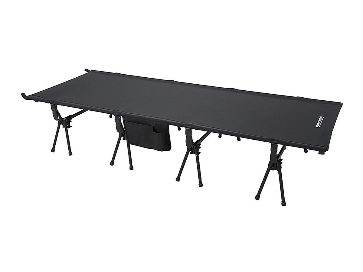 Mount River Wide Cot 80 in black set up in high mode, three-quarter studio view.