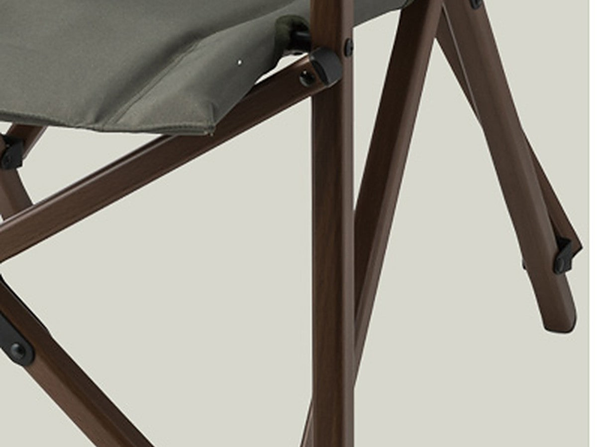 Wood-grain finished aluminum chair frame close-up
